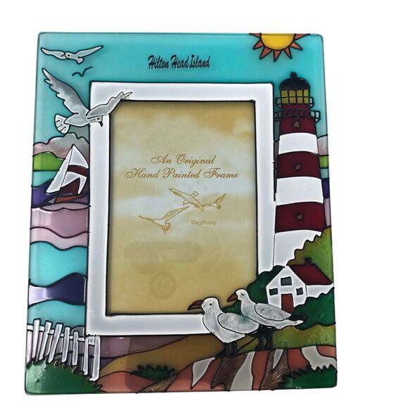 Hand Painted Lighthouse Stained Glass Picture Frame 3.5 x 5 Hilton Head Island - Picture 1 of 8